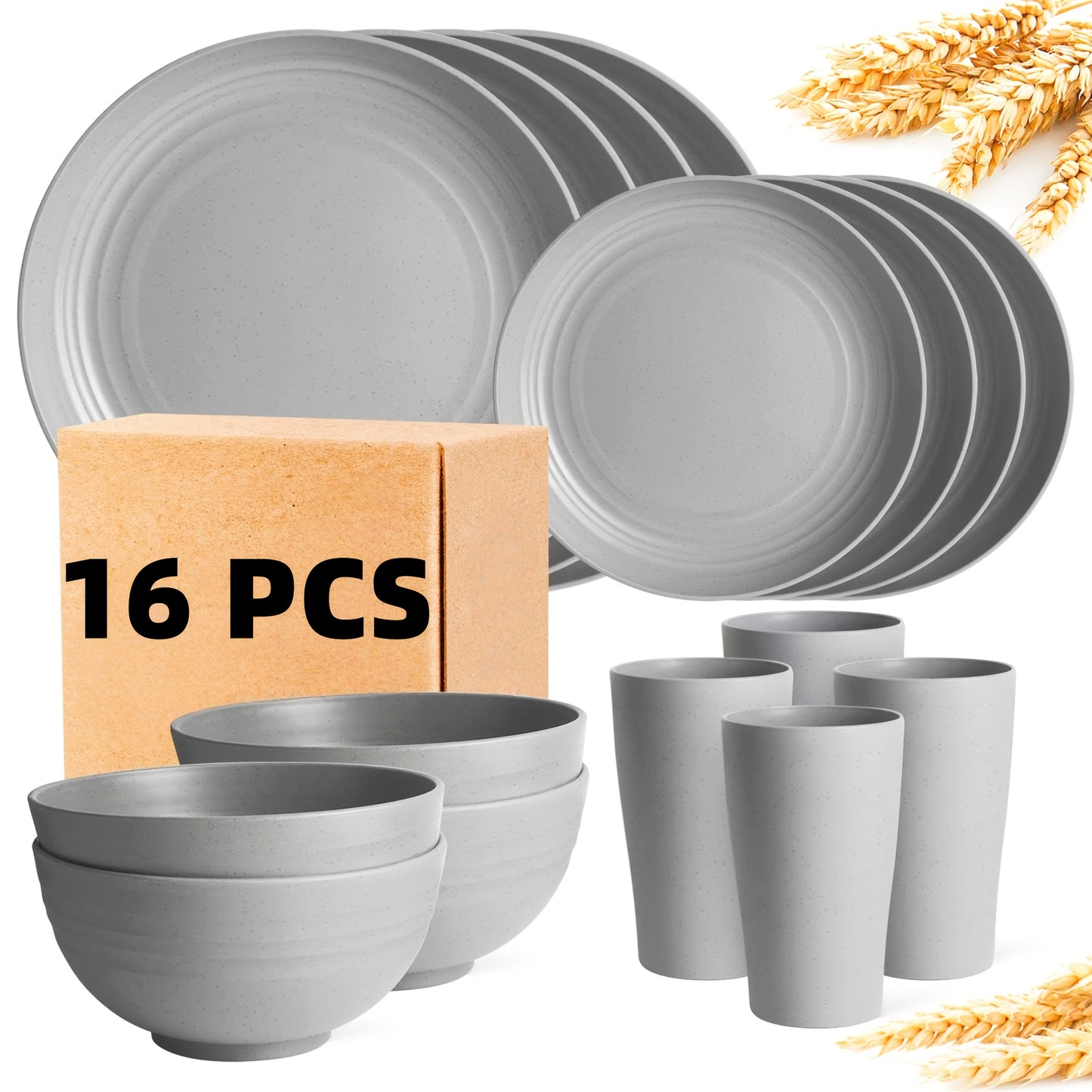16/32pcs Kitchen Wheat Straw Large Size Dinnerware Set, For 4/8, Unbreakable Modern Dish Set Dinner Plate/Dessert Plate/Cereal Bowl/Cup, Dishwasher Safe, Lightweight Tableware, Camping And Everyday Use, Gifts For Men/Women/Ch