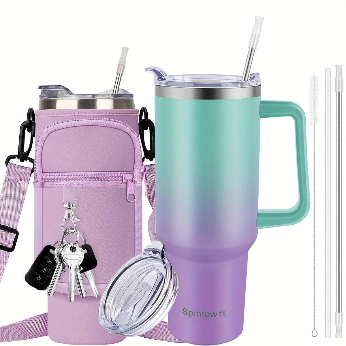 40 Oz Tumbler with Handle, Insulated Water Bottle Carrier Bag with Lid And Straw, Reusable Stainless Steel Vacuum Insulated Cup, Leak Proof Thermal Travel Coffee Mug Cup for Cold And Hot, Phone Pocket, Office Drinkwa