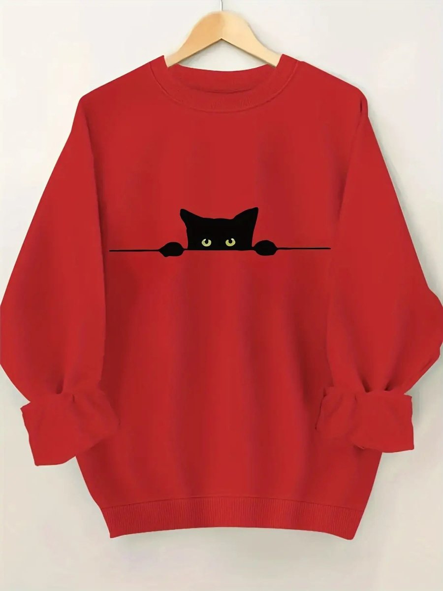 Women's Black Cat Print Sweater Blending Gray - Loose Fit Fall Winter Warm Pullover, Machine Washable Sweater with Rib - Cuff & H - Line Silhouette, Casual Streetwear Sweaters for Layering (Comfortable Loose - Fit Sweater) - Buy That Thang