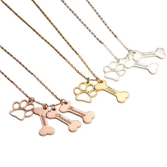 Personalized Engraving Dog Name Bone Necklace Paws Pendant Stainless Steel