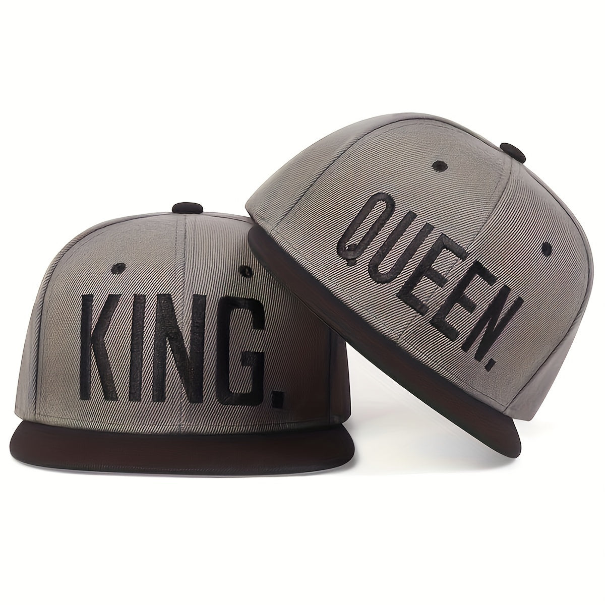 2pcs Matching Couple's King & Queen Baseball Caps - Adjustable Snapback Hats with Bold White Lettering, Black & White Design for Men & Women, Graduation, Valentine's Day, Prom, Casual Attire - Comfortable & Durable Casual Spo