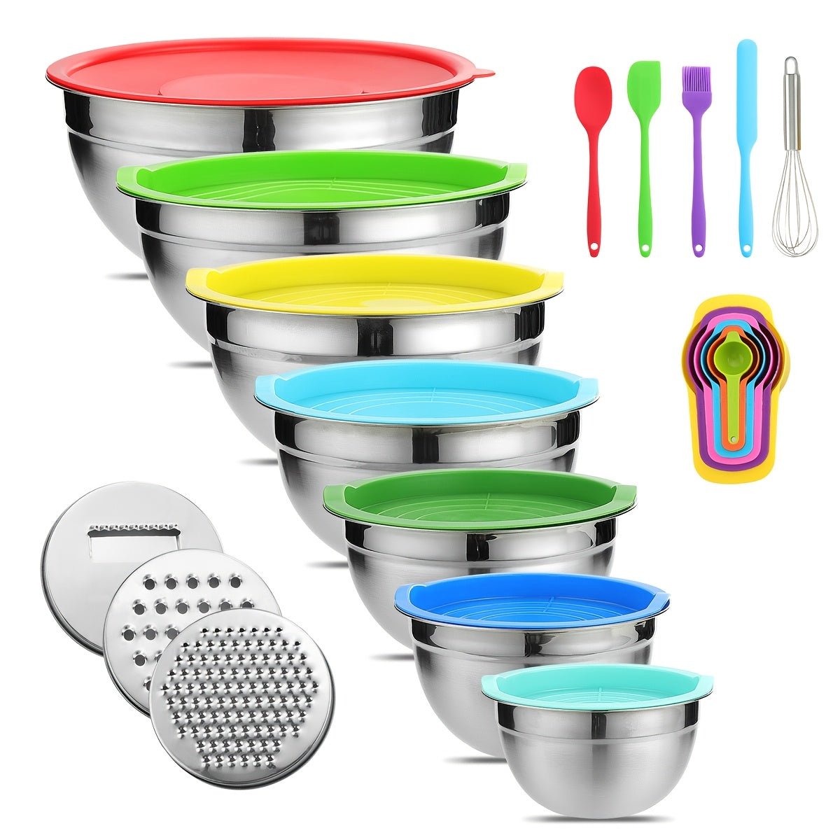 21pcs Mixing Bowls With Lids Set, Stainless Steel Mixing Bowls With 3 Grater Attachments, Size 4.5, 4, 3.5, 2.1, 1.5, 1.1, 0.7QT, Ideal For Kitchen Cooking Baking & Serving - Buy That Thang
