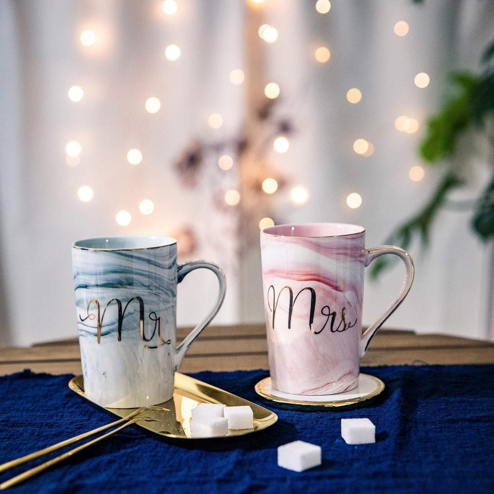 Mr and Mrs Coffee Mugs, Ceramic Marble Cups, Wedding Gifts for Bride and Groom Bridal Shower Engagement Wedding and Married Couples Anniversary, 14 Oz, Pink
