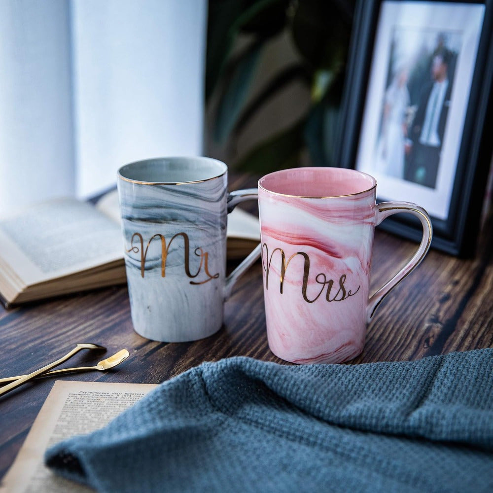 Mr and Mrs Coffee Mugs, Ceramic Marble Cups, Wedding Gifts for Bride and Groom Bridal Shower Engagement Wedding and Married Couples Anniversary, 14 Oz, Pink