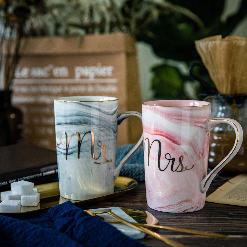 Mr and Mrs Coffee Mugs, Ceramic Marble Cups, Wedding Gifts for Bride and Groom Bridal Shower Engagement Wedding and Married Couples Anniversary, 14 Oz, Pink