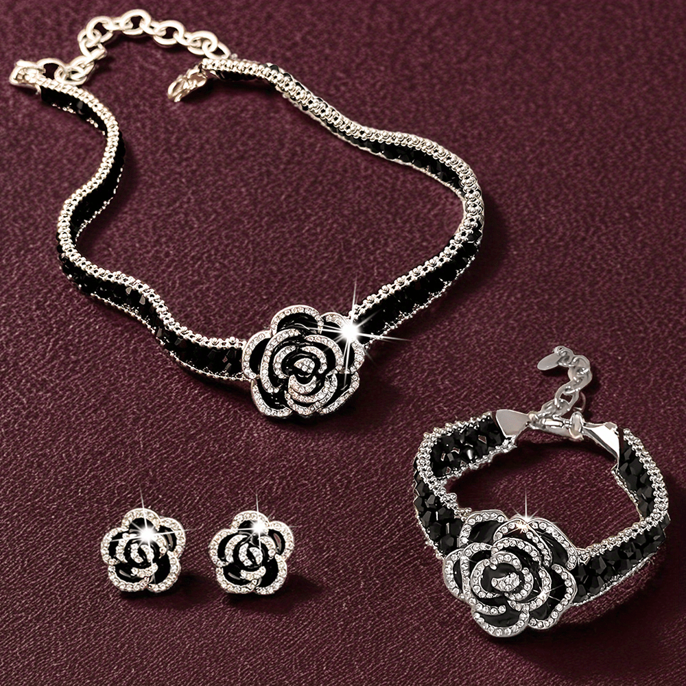 4pcs Elegant Black Rose Jewelry Set for Women, Featuring Shimmering Rhinestones And Beaded Accents, Including a Choker Necklace, Bracelet, And Earrings, Perfect for Special Occasions Or Formal Events, a Thoughtful Gift for Lo