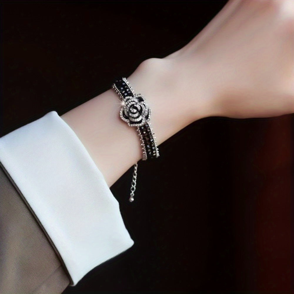 4pcs Elegant Black Rose Jewelry Set for Women, Featuring Shimmering Rhinestones And Beaded Accents, Including a Choker Necklace, Bracelet, And Earrings, Perfect for Special Occasions Or Formal Events, a Thoughtful Gift for Lo