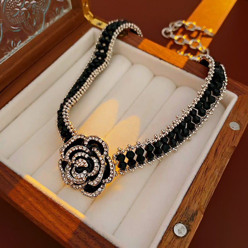 4pcs Elegant Black Rose Jewelry Set for Women, Featuring Shimmering Rhinestones And Beaded Accents, Including a Choker Necklace, Bracelet, And Earrings, Perfect for Special Occasions Or Formal Events, a Thoughtful Gift for Lo