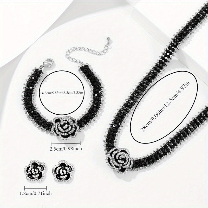 4pcs Elegant Black Rose Jewelry Set for Women, Featuring Shimmering Rhinestones And Beaded Accents, Including a Choker Necklace, Bracelet, And Earrings, Perfect for Special Occasions Or Formal Events, a Thoughtful Gift for Lo
