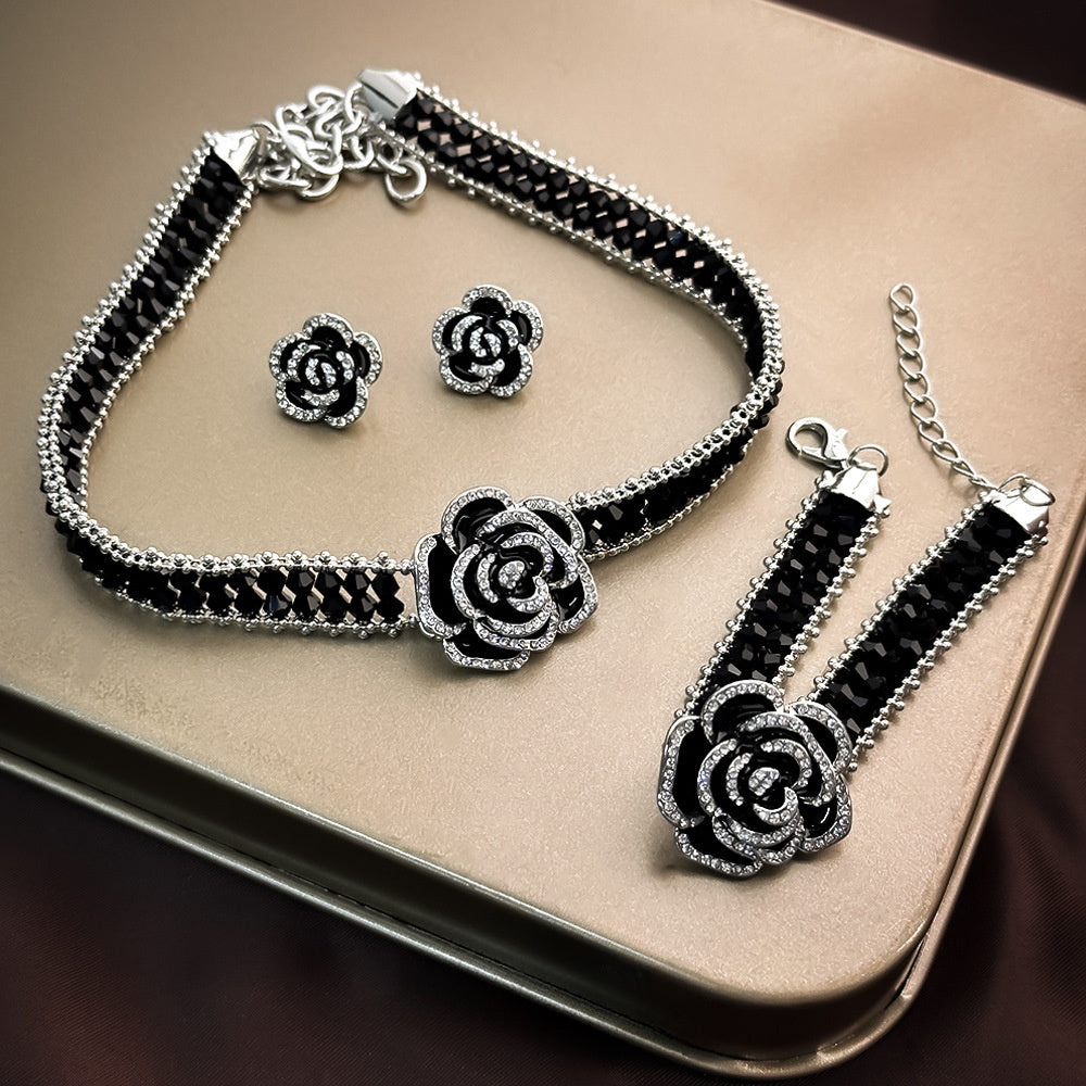 4pcs Elegant Black Rose Jewelry Set for Women, Featuring Shimmering Rhinestones And Beaded Accents, Including a Choker Necklace, Bracelet, And Earrings, Perfect for Special Occasions Or Formal Events, a Thoughtful Gift for Lo