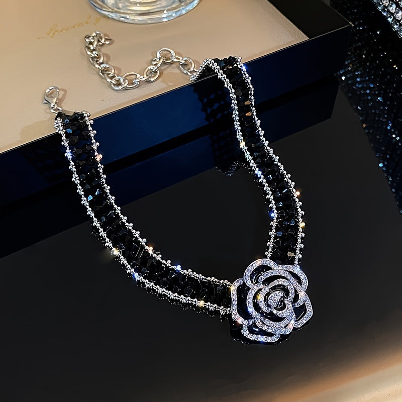 4pcs Elegant Black Rose Jewelry Set for Women, Featuring Shimmering Rhinestones And Beaded Accents, Including a Choker Necklace, Bracelet, And Earrings, Perfect for Special Occasions Or Formal Events, a Thoughtful Gift for Lo