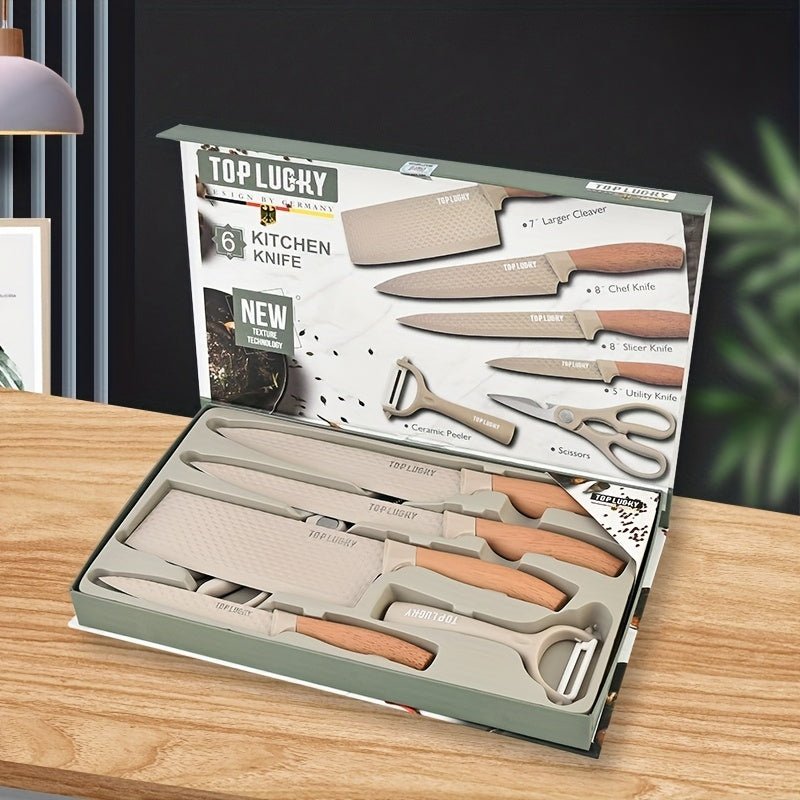 6pcs Professional Kitchen Knife Set With Ergonomic Wooden Handles - Ideal For Home Cooking And Professional Chefs - Includes Gift Box Packaging - Suitable For Cutting Meat, Vegetables, Fruits, Bread, And More - Buy That Thang