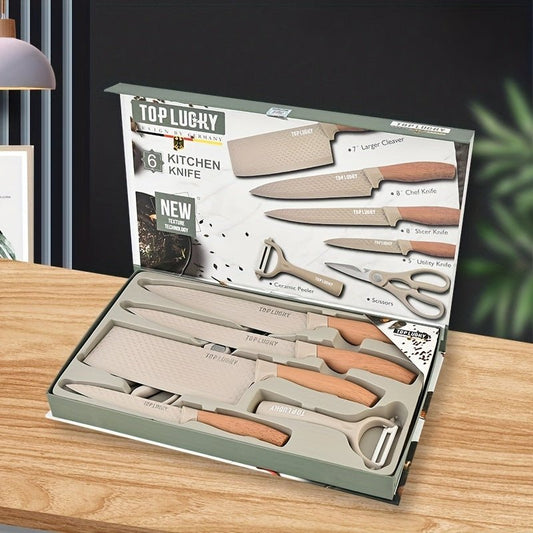 6pcs Professional Kitchen Knife Set With Ergonomic Wooden Handles - Ideal For Home Cooking And Professional Chefs - Includes Gift Box Packaging - Suitable For Cutting Meat, Vegetables, Fruits, Bread, And More - Buy That Thang