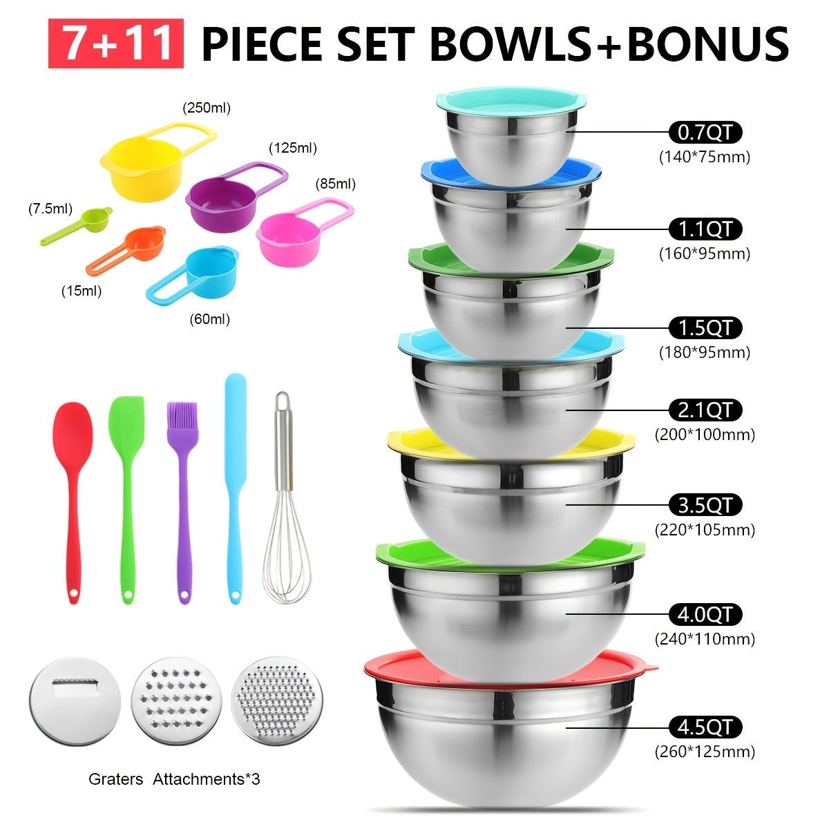21pcs Mixing Bowls With Lids Set, Stainless Steel Mixing Bowls With 3 Grater Attachments, Size 4.5, 4, 3.5, 2.1, 1.5, 1.1, 0.7QT, Ideal For Kitchen Cooking Baking & Serving - Buy That Thang