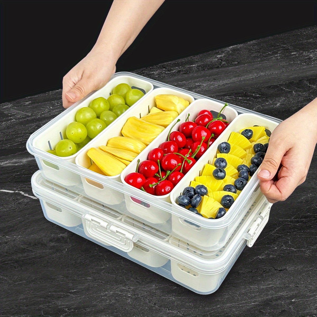 Fruit Storage Containers for Fridge Keep Fresh - Divided Serving Tray with Lid and Handle - Portable Picnic Parties Snackle Box Veggie Tray - Berry Candy Food Snack Organizer Travel, Compact Design, Easy to Clean, Leakproof C - Buy That Thang