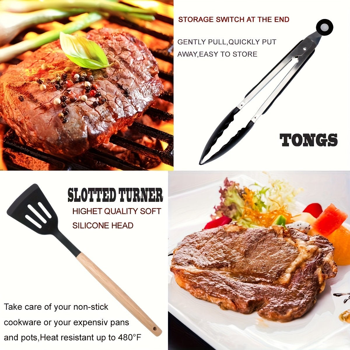 36pcs Nonstick Cookware Kitchen Utensil Set with Heat - Resistant Silicone & Non - Slip Wooden Handle - Heavy - Duty Food Grade Silicone Spatula, Tongs, Slotted Spoon, Ladle, Whisk, Turner, Pizza - like Opener for Pans, Grills, Fryi - Buy That Thang