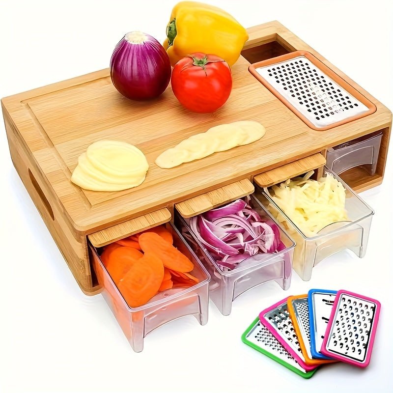 Bamboo Cutting Board Wooden Cutting Board with Food Container Storage Box Cheese Shredder and Juice Tank Suitable for Vegetables Cheese and Meat Type Wooden Cutting Board with Container Food Drop Area Carving Board with Easy - Buy That Thang