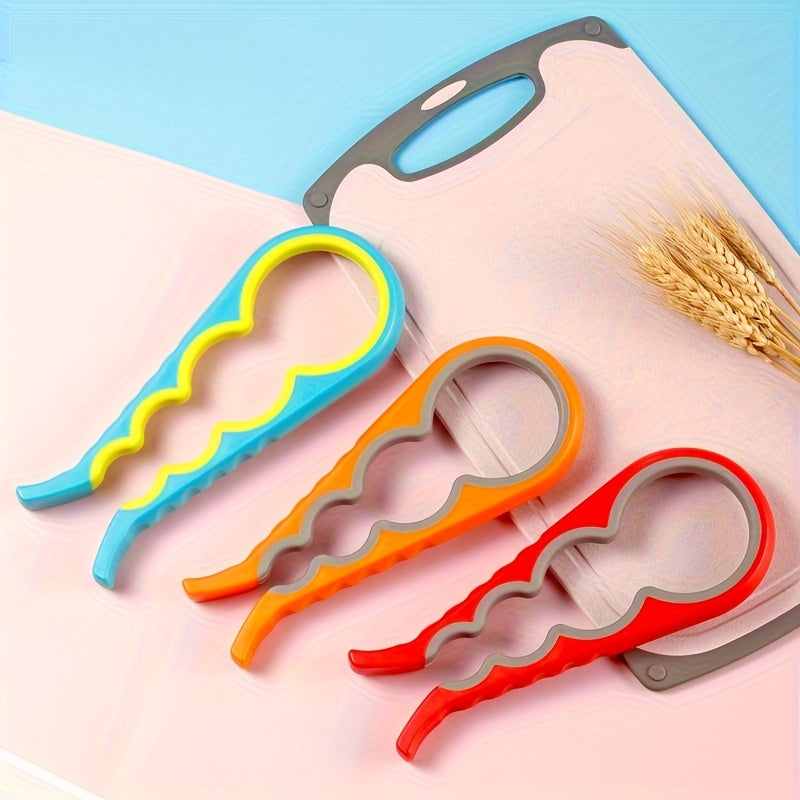 [4-in-1 Can Opener] 4-in-1 Anti-Slip Can Opener with Ergonomic Silicone Handle | Manual Kitchen Tool for Cans, Jars & Jam Lids | Durable Plastic, 4 Colors (Yellow, Blue, Orange, Red)