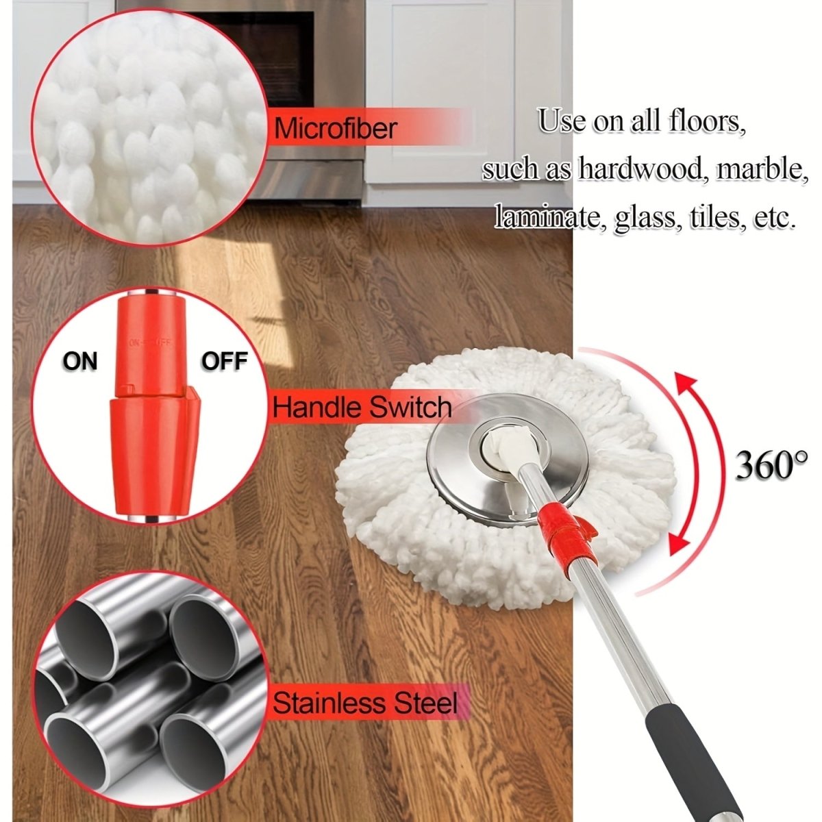4 - in - 1 Spin Mop and Bucket Set with 4 Mop Heads, 360° Spin Mop Kit with 2 Microfiber Mop Heads, Spinning Mop Bucket System for Floor Cleaning - Ideal for Living Room, Bedroom, Bathroom, Kitchen, and Toilet, Mop Bucket System - Buy That Thang