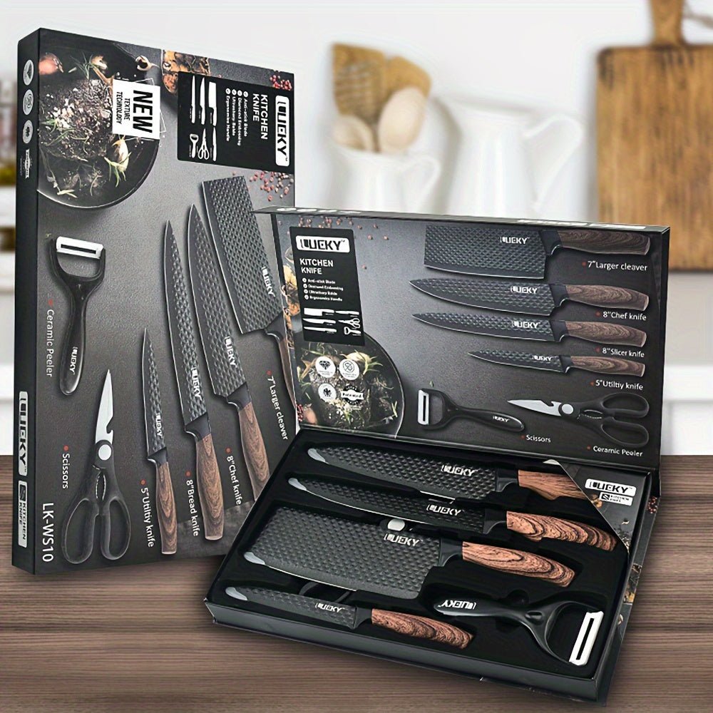 6pcs Professional Kitchen Knife Set With Ergonomic Wooden Handles - Ideal For Home Cooking And Professional Chefs - Includes Gift Box Packaging - Suitable For Cutting Meat, Vegetables, Fruits, Bread, And More - Buy That Thang