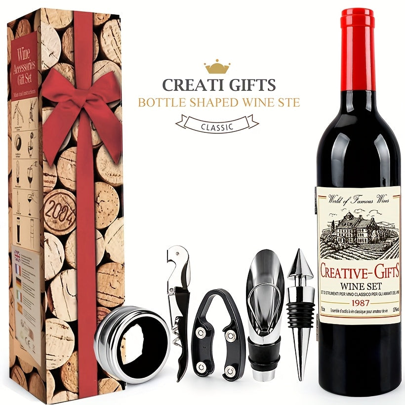 [Wine Opener Set] 5pcs Red Wine Bottle Opener Set | Bottle Opener+Preserving Stopper+Paper Cutter+Pourer+Drip Stopper - Color Box Packaging for Christmas New Year Wedding Gifts
