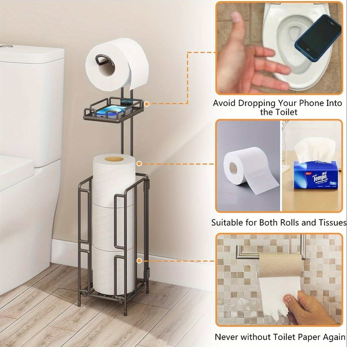 Freestanding Toilet Paper Holder, Metal Trim Freestanding Toilet Paper Roll Holder And Dispenser to Store 3 Extra Rolls Of Reserve Toilet Paper, Christmas - Buy That Thang