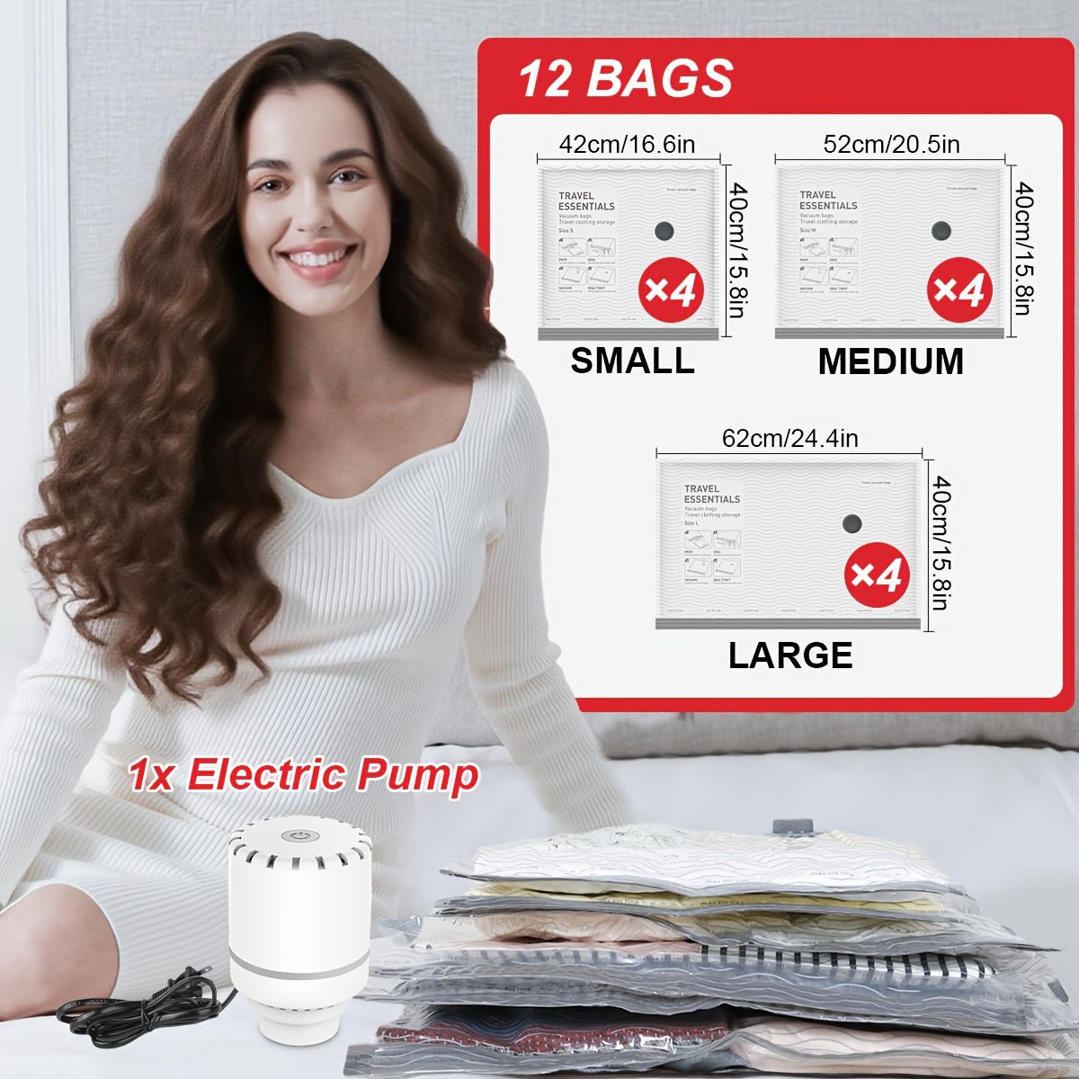 Electric Pump Set with 6/9/12/15 Travel Vacuum Storage Bags, Saving 75% of Space for Travel Packing, Designed in Three Sizes Specifically for Suitcases, Featuring an Upgraded Wide Opening for Easy Packing And Unpacking - Buy That Thang