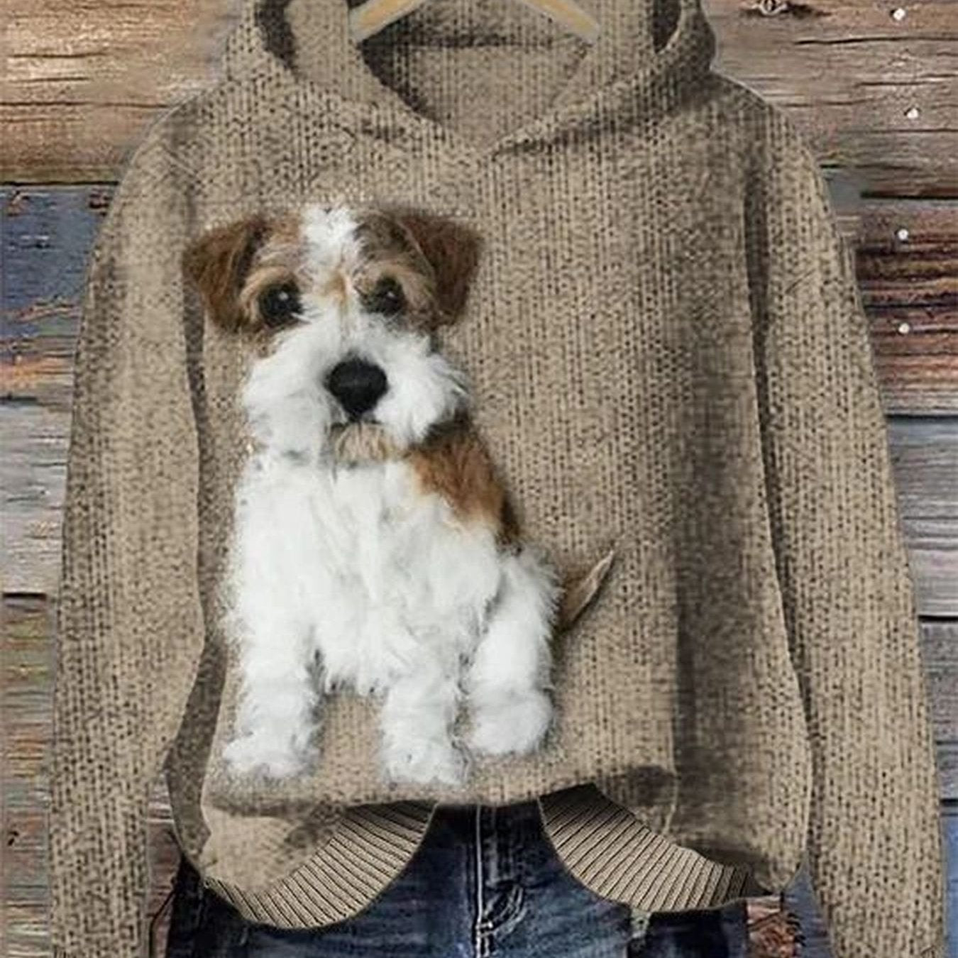 Women'S Cute Jack Russell Terrier Dog Print Hooded Sweater - Thick Cozy Pullover with Front Pocket, All-Season Casual Sweater for Casual Attire & Pet Lovers, Cozy Sweater for Women (Brown/) - Ideal Gift for Christmas, Hallowe