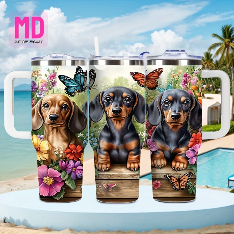 40oz Large Dachshund - Themed Vacuum Insulated Mug with Cute Dachshund Puppies & Bone Patterns, Leakproof Lid & Handle - Double - Wall Insulation for Hot/Cold Drinks, Travel Coffee Cup for Dog Lovers, Outdoor, Camping,, Gift, Cof - Buy That Thang