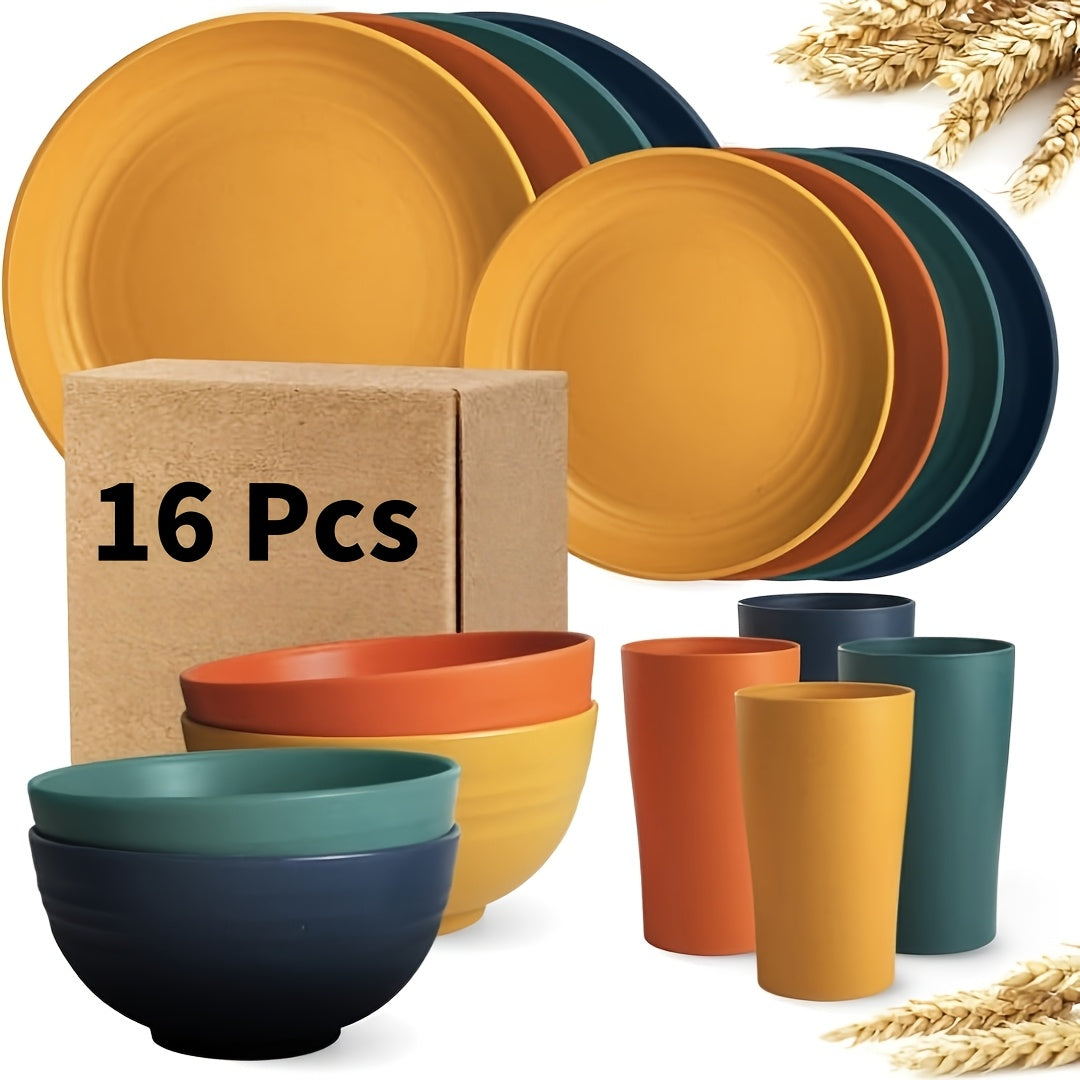 [Unbreakable Dinnerware Set] 32/17/16pcs Wheat Straw Dinnerware Set | Service For 8/4, Large Size Modern Dish Set-Plate/Dessert Plate/Bowl/Cup, Lightweight Tableware, Perfect For Camping, Gifts For Christmas/Halloween, Local
