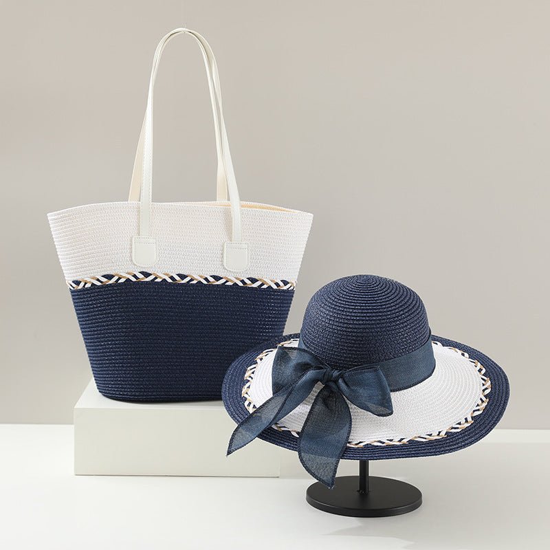 Straw Bag and Hat Set for Women, Beach Vacation, Versatile Sun Protection Wide Brim Hat, Commute Travel Large Capacity Tote Bag - Buy That Thang