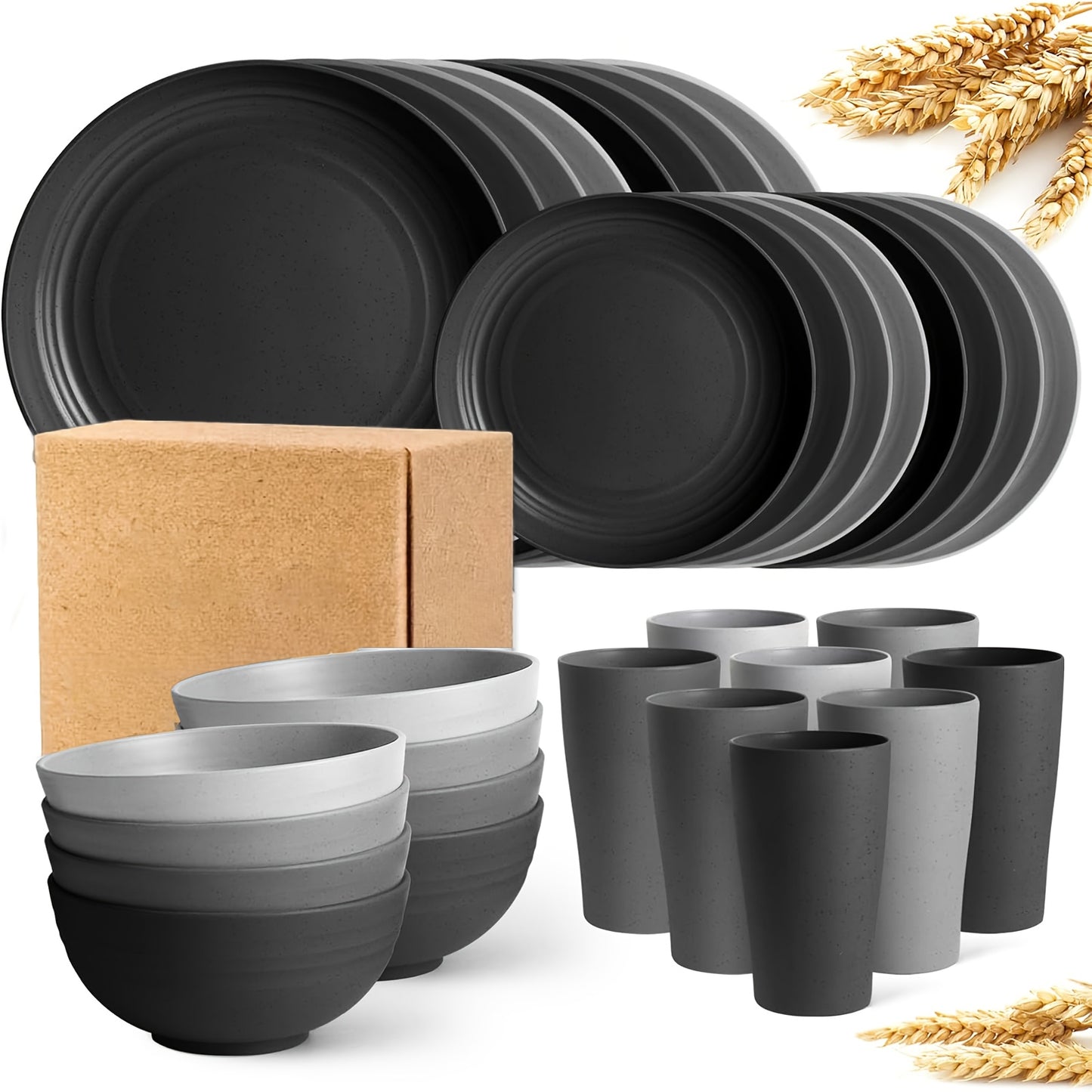 [Unbreakable Dinnerware Set] 32/17/16pcs Wheat Straw Dinnerware Set | Service For 8/4, Large Size Modern Dish Set-Plate/Dessert Plate/Bowl/Cup, Lightweight Tableware, Perfect For Camping, Gifts For Christmas/Halloween, Local