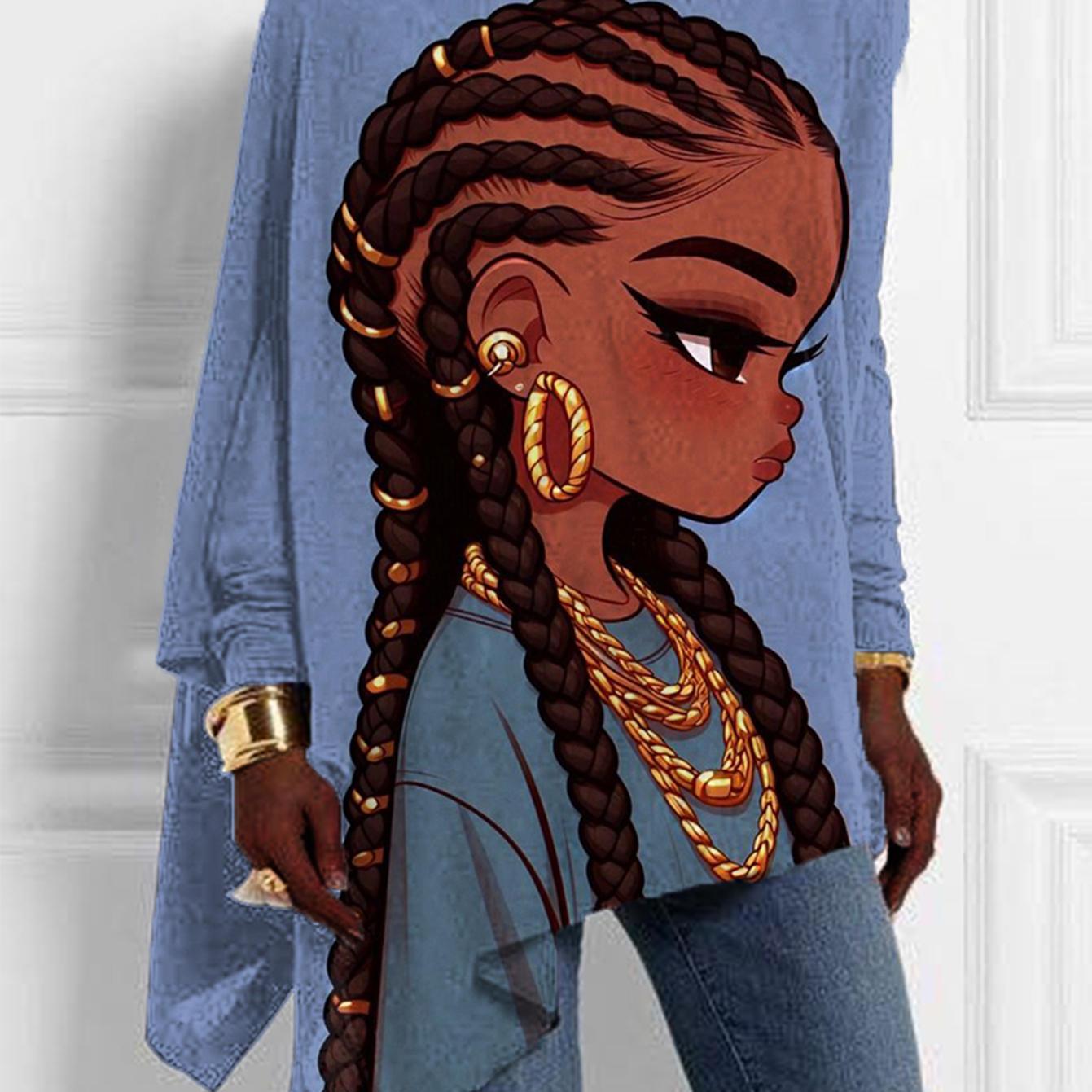 Women's Turquoise Blue & Golden Braids Print Floor-Length Dress - Loose Fit Long Sleeve A-Line Top with Golden Hoop-like Hem, Machine Washable Polyester for Spring/Fall Daily Wear, Casual to Semi-Formal Events (No Lining) - S