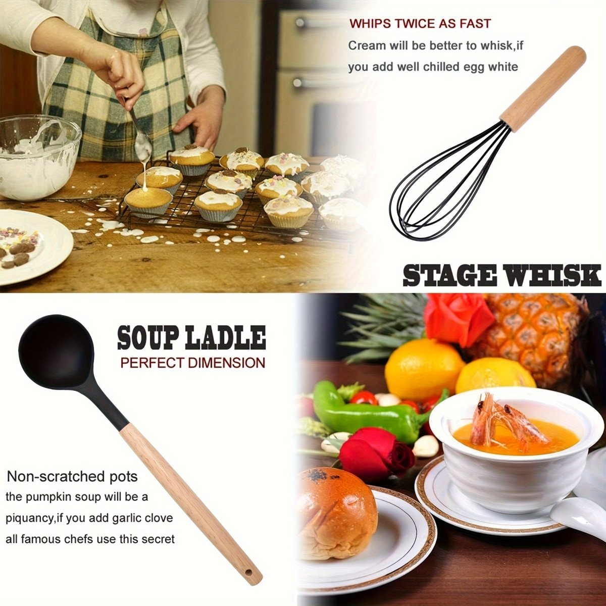 36pcs Nonstick Cookware Kitchen Utensil Set with Heat - Resistant Silicone & Non - Slip Wooden Handle - Heavy - Duty Food Grade Silicone Spatula, Tongs, Slotted Spoon, Ladle, Whisk, Turner, Pizza - like Opener for Pans, Grills, Fryi - Buy That Thang