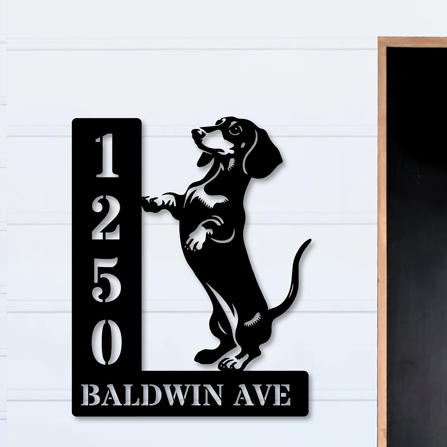 [Personalized Metal Sign] Cute Metal Dachshund Door Number Sign | Personalized Pet Address Plaque, Outdoor Animal Address Marker Decoration