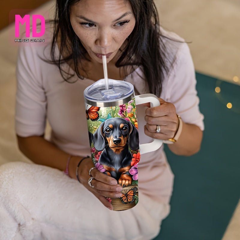 40oz Large Dachshund - Themed Vacuum Insulated Mug with Cute Dachshund Puppies & Bone Patterns, Leakproof Lid & Handle - Double - Wall Insulation for Hot/Cold Drinks, Travel Coffee Cup for Dog Lovers, Outdoor, Camping,, Gift, Cof - Buy That Thang