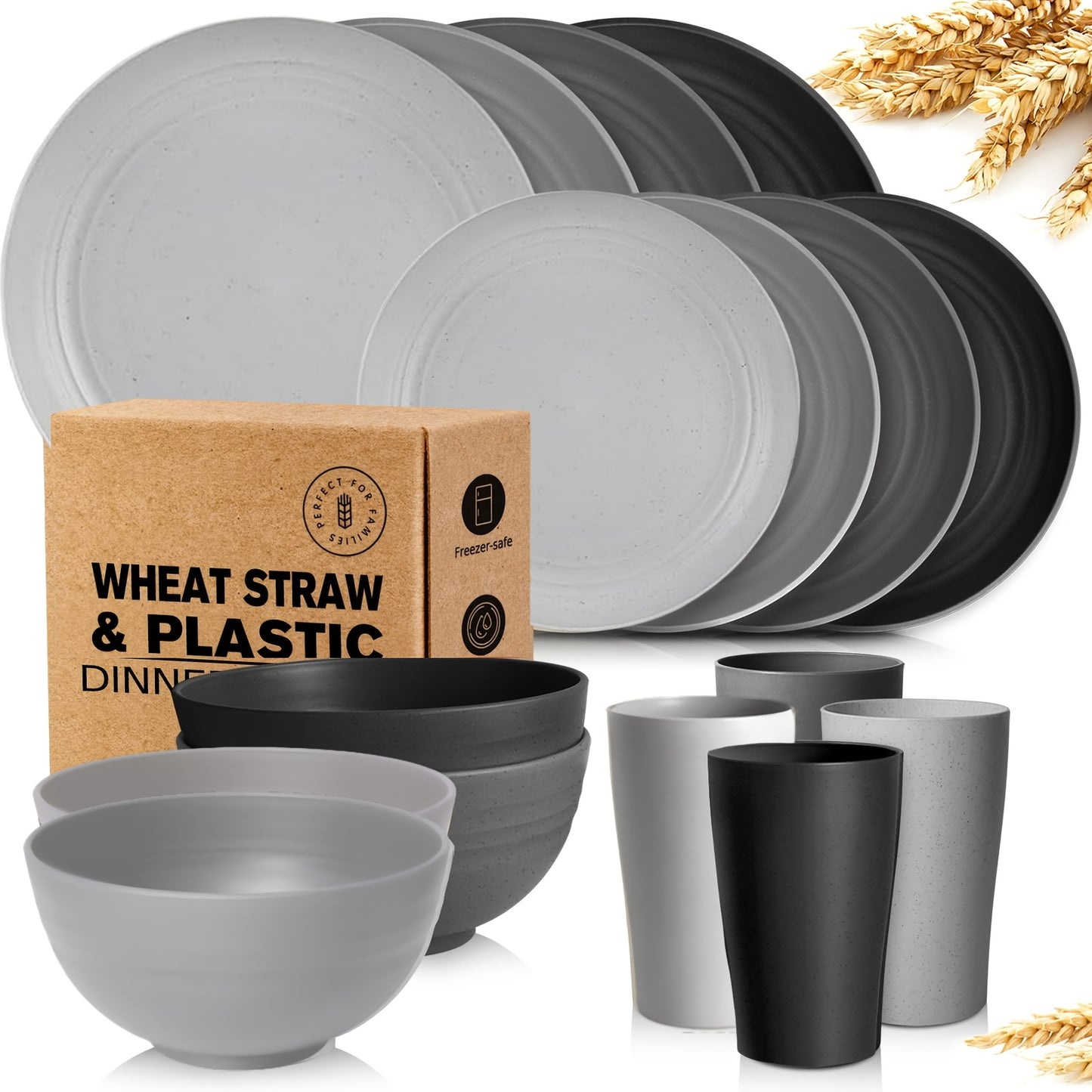 [Unbreakable Dinnerware Set] 32/17/16pcs Wheat Straw Dinnerware Set | Service For 8/4, Large Size Modern Dish Set-Plate/Dessert Plate/Bowl/Cup, Lightweight Tableware, Perfect For Camping, Gifts For Christmas/Halloween, Local