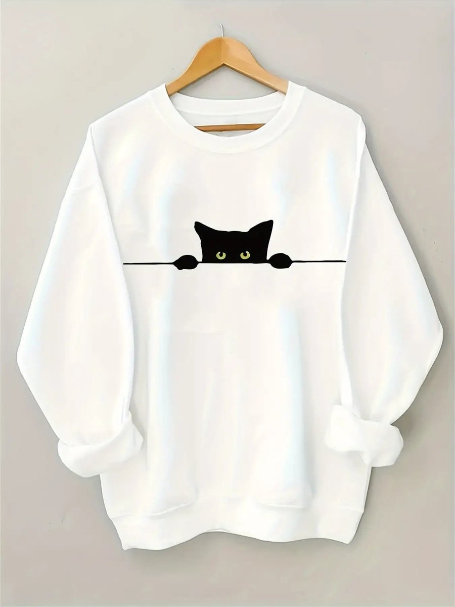 Women's Black Cat Print Sweater Blending Gray - Loose Fit Fall Winter Warm Pullover, Machine Washable Sweater with Rib - Cuff & H - Line Silhouette, Casual Streetwear Sweaters for Layering (Comfortable Loose - Fit Sweater) - Buy That Thang