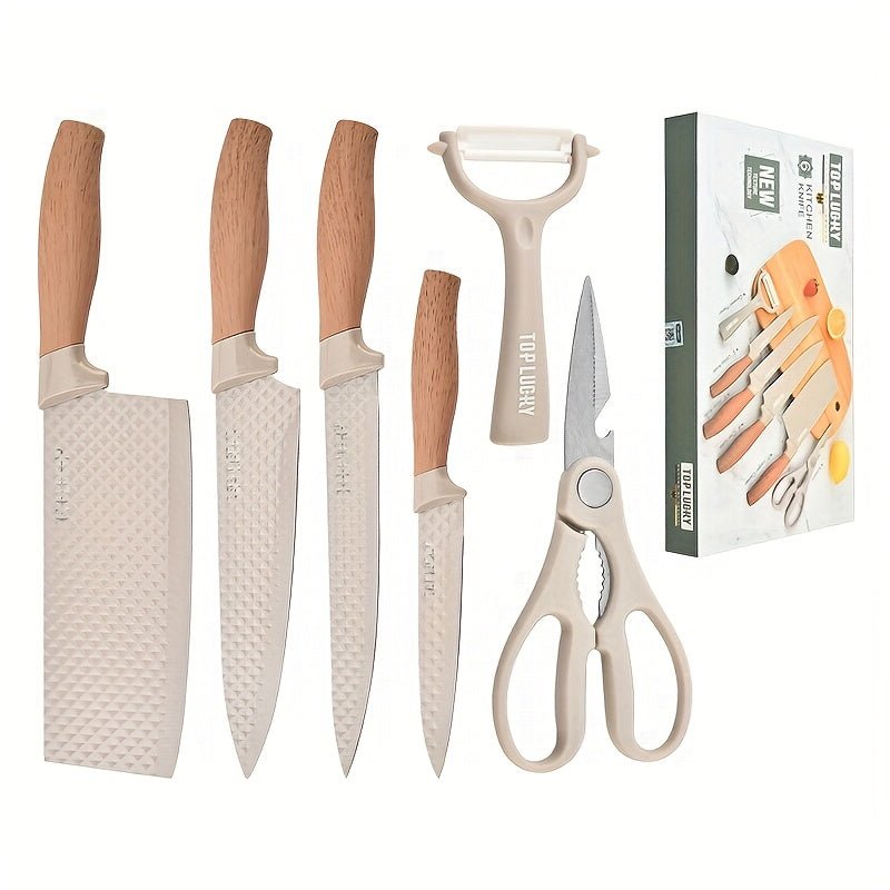 6pcs Professional Kitchen Knife Set With Ergonomic Wooden Handles - Ideal For Home Cooking And Professional Chefs - Includes Gift Box Packaging - Suitable For Cutting Meat, Vegetables, Fruits, Bread, And More - Buy That Thang