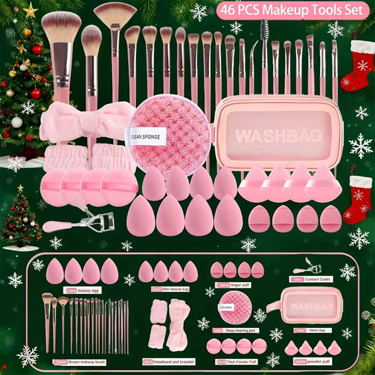 46pcs Makeup Brush And Sponge Set Professional Makeup Brush Set Triangle Foundation Puff Cleaning Foundation Puff Makeup Tool Set - Buy That Thang