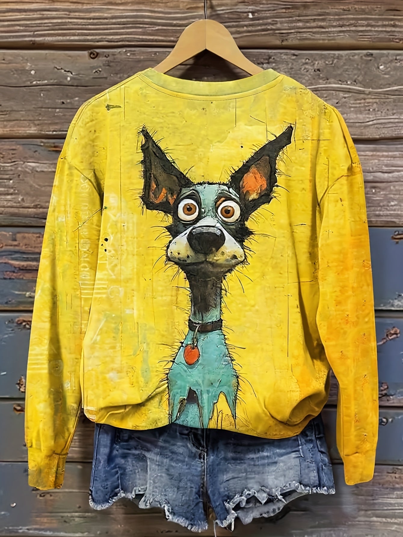 Women'S Casual Long Sleeve Crew Neck Sweatshirt with Playful Chihuahua Print - Vibrant Yellow, Loose Fit, All-Season Comfort, Casual Wear|Playful Print Top|Comfortable Fit