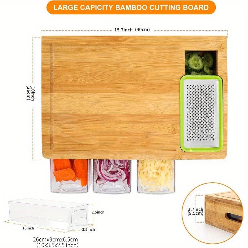 1pc Durable Bamboo Cutting Board With Drawers, With Juice Grooves, Easy - Grip Handles & Food Sliding Opening, Carving Board With Trays For Food Storage, Transport And Cleanup, Essential For Apartments, Gifts For Men Dad Father - Buy That Thang