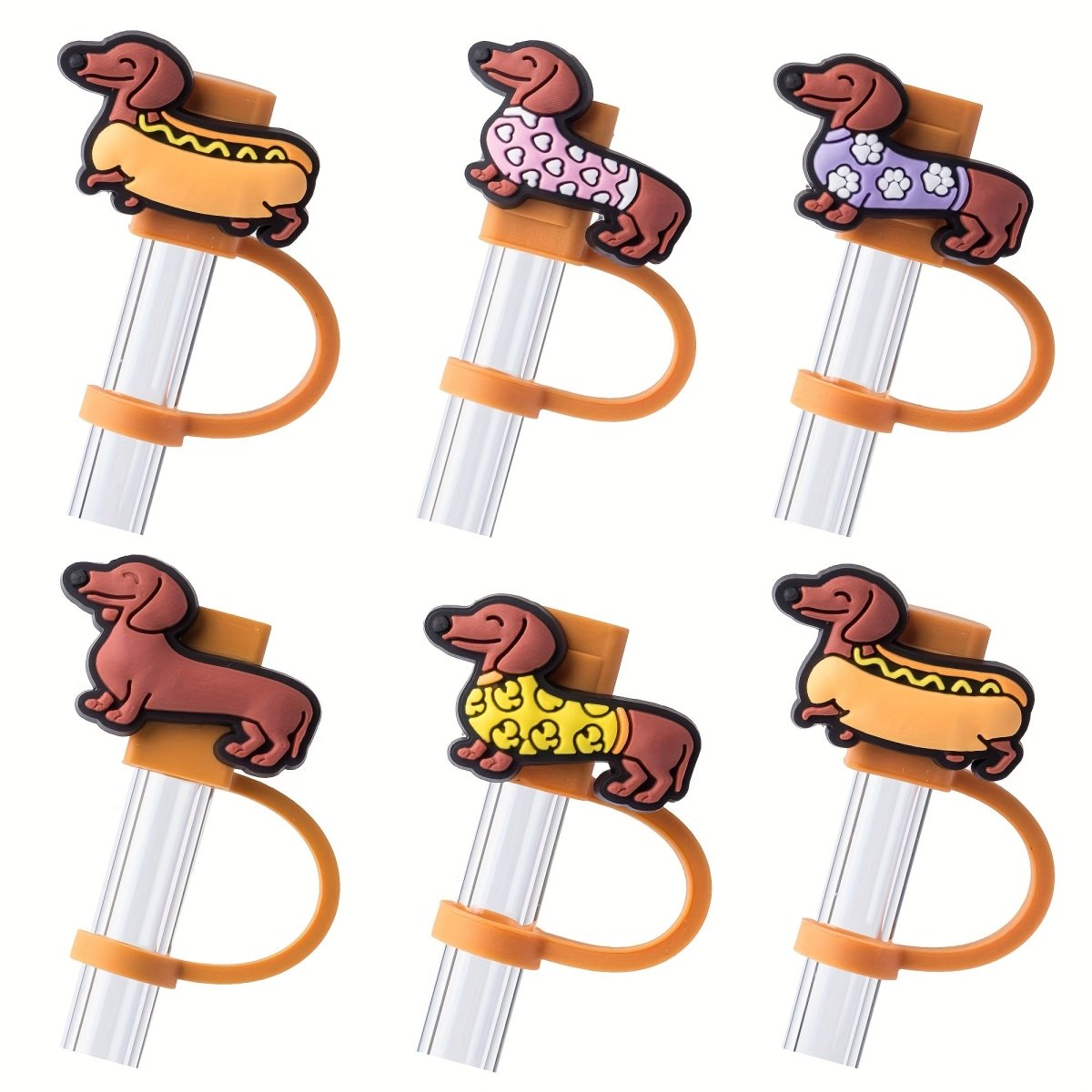6 - Pack Cute Dachshund Dog Design Straw Toppers, 10mm Plastic Straw Caps for Cups, Food - Safe Drinking Tumbler Accessories, Perfect Gift for Dog Lovers - Buy That Thang