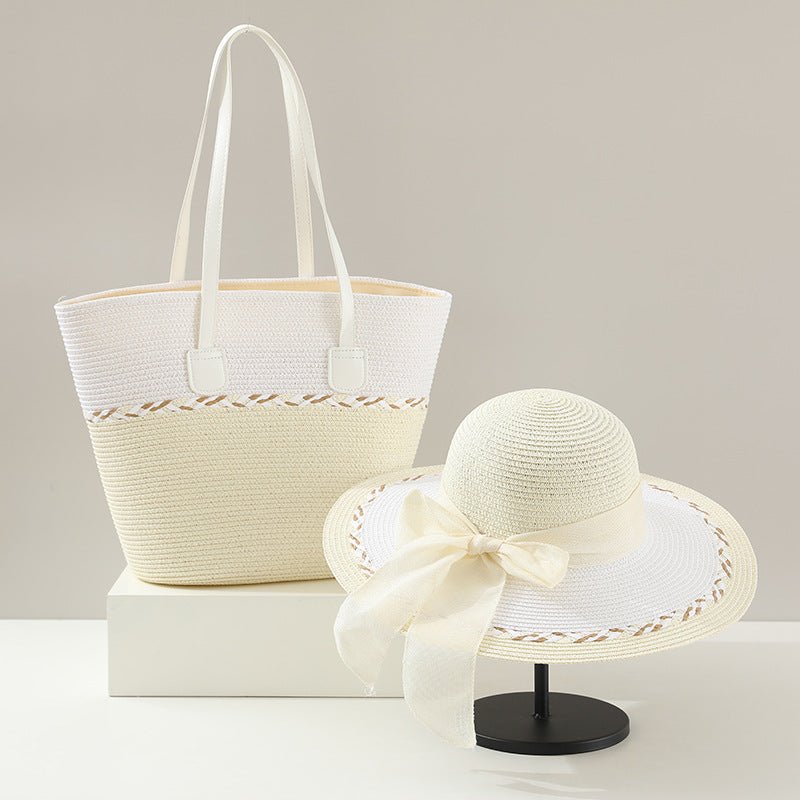 Straw Bag and Hat Set for Women, Beach Vacation, Versatile Sun Protection Wide Brim Hat, Commute Travel Large Capacity Tote Bag - Buy That Thang