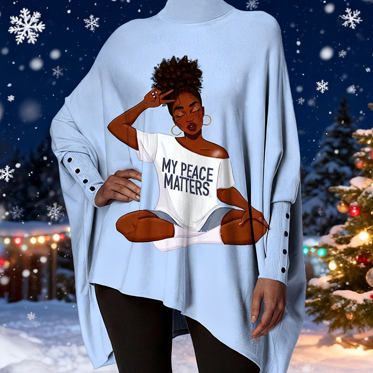 Women's Blue Sexy High-Neck Longline Blouse - Oversized Loose Fit Tunic Top with Black & White Female Figure Print (Peace Matters Slogan), Machine Washable Casual & Professional Wear, All-Season Versatile Shirt, Fall Clothes