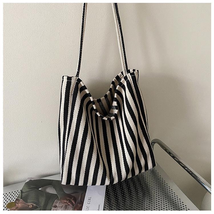 Simple Stripe Canvas Tote Bag for Women, Minimalist Ins Style, Bohemian Casual Fashion, Spring Summer Shopping Bag, Shoulder Handbag, Large Capacity - Buy That Thang