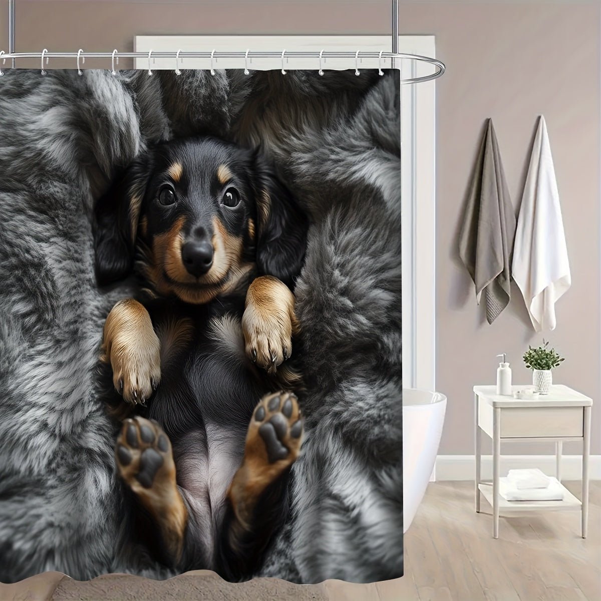 1/3/4pcs Cozy Puppy Shower Curtain Set - Adorable Dachshund Design with, U - Shaped & Toilet Lid Cover, 12 Hooks, 70.87x70.87inch, Polyester, All - Season Use, Dog Lover Home Decor, Dog Lover Gifts, Playful Design, Durable Fabric - Buy That Thang