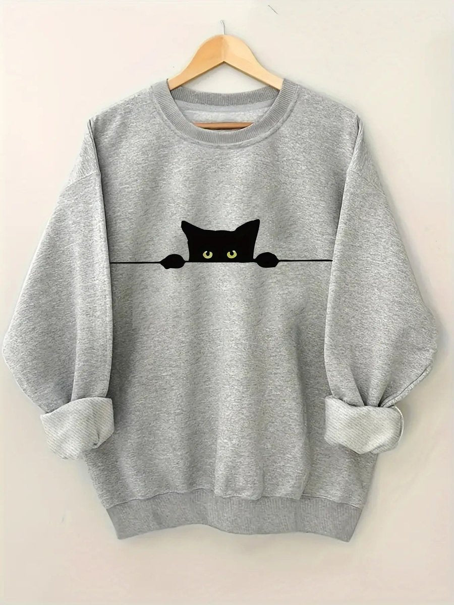 Women's Black Cat Print Sweater Blending Gray - Loose Fit Fall Winter Warm Pullover, Machine Washable Sweater with Rib - Cuff & H - Line Silhouette, Casual Streetwear Sweaters for Layering (Comfortable Loose - Fit Sweater) - Buy That Thang