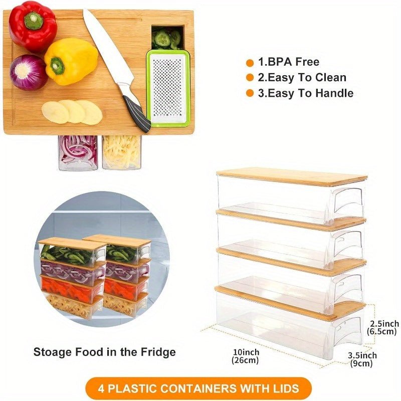 1pc Durable Bamboo Cutting Board With Drawers, With Juice Grooves, Easy - Grip Handles & Food Sliding Opening, Carving Board With Trays For Food Storage, Transport And Cleanup, Essential For Apartments, Gifts For Men Dad Father - Buy That Thang
