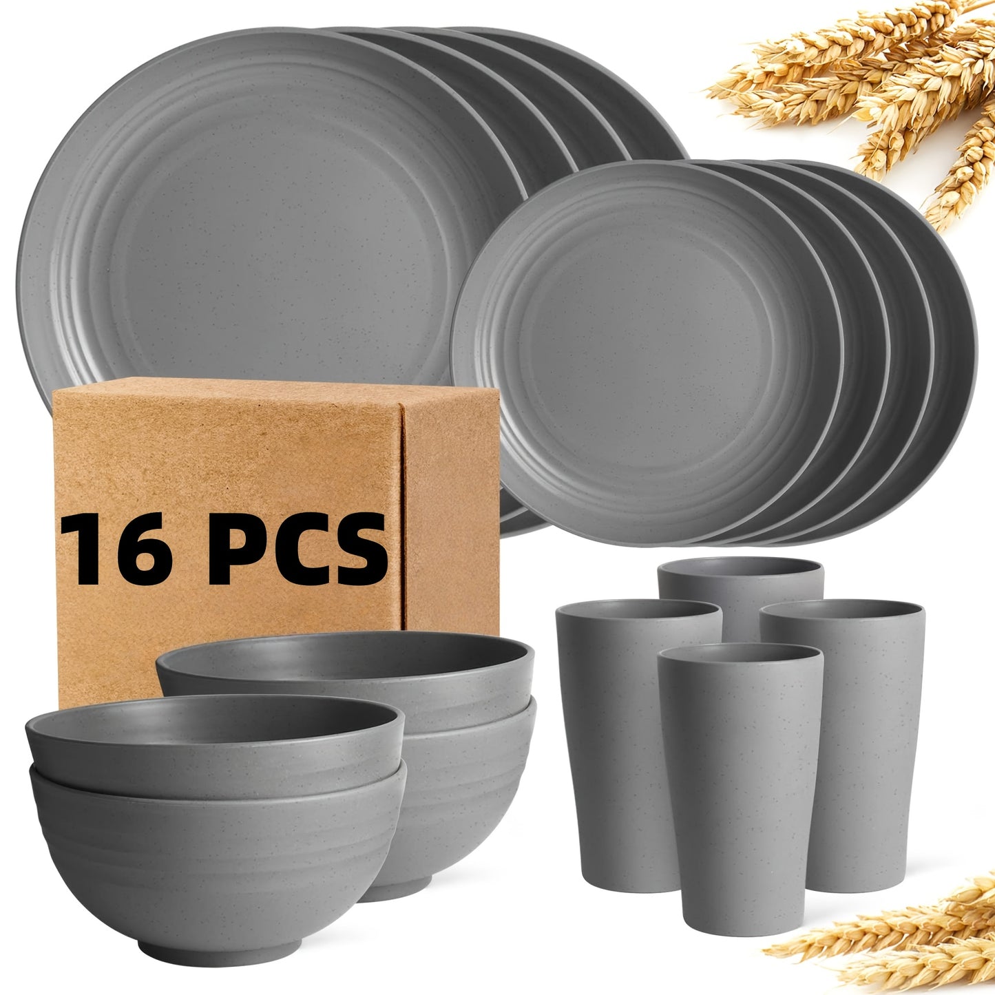 16/32pcs Kitchen Wheat Straw Large Size Dinnerware Set, For 4/8, Unbreakable Modern Dish Set Dinner Plate/Dessert Plate/Cereal Bowl/Cup, Dishwasher Safe, Lightweight Tableware, Camping And Everyday Use, Gifts For Men/Women/Ch